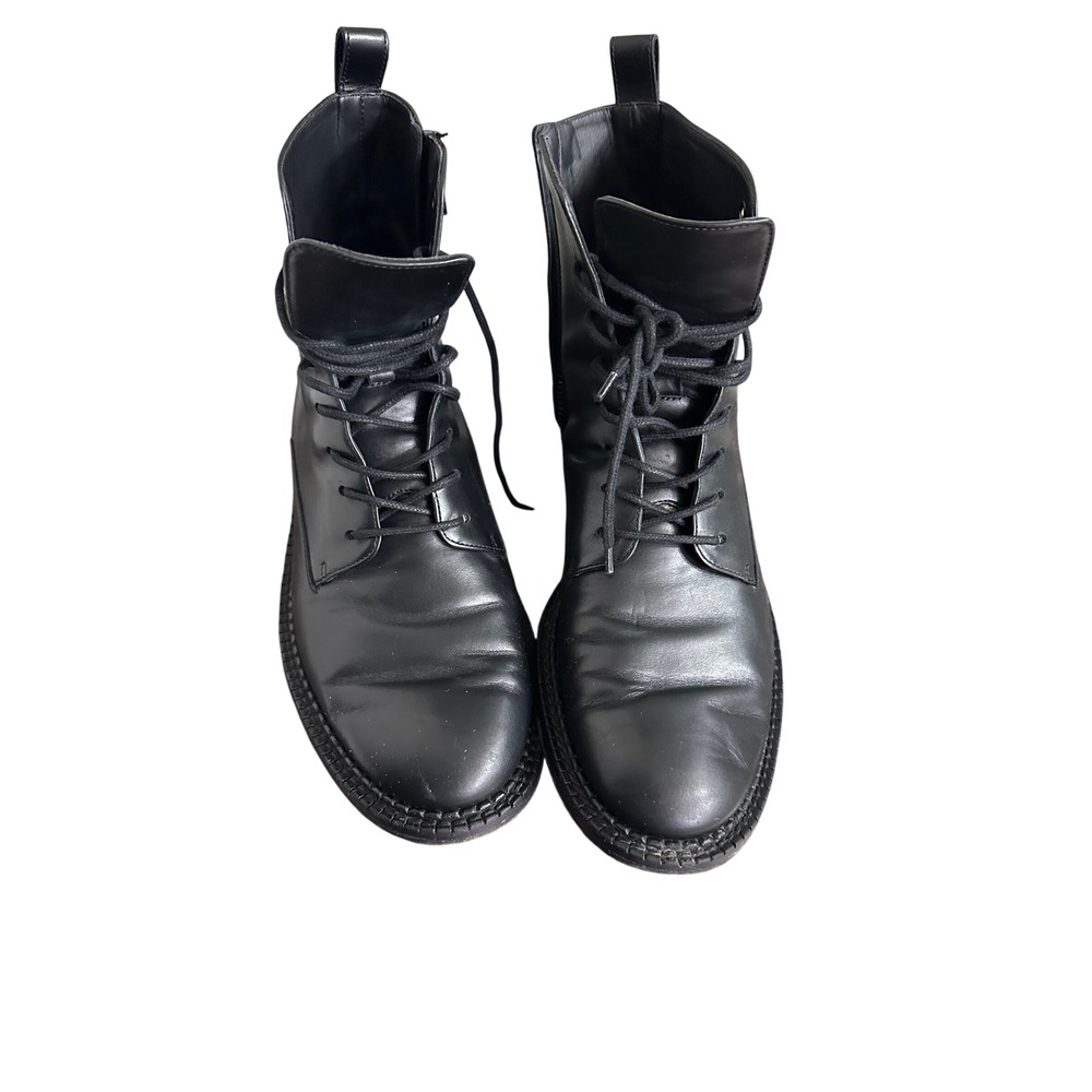 Vince Women Black Leather Combat Boots Lace Up Side Zip Made in Italy 8.5M 38.5